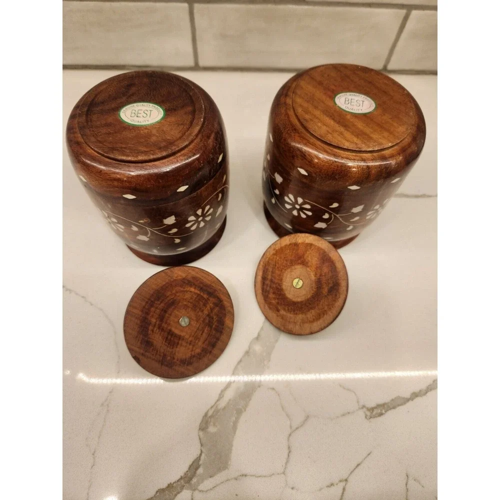 Wooden Kitchen Storage‎ Flower Canister Jars with Lid for Snacks, Food Set Of 2